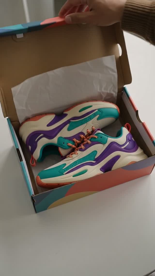 Generated frame showing sneakers revealed inside the open box