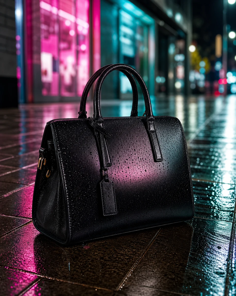 Neon rain product photography reference